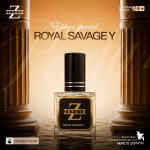 Zephyr Royal Savage Y concentrated perfume clear glass bottles in 30ml with wooden cap and 10ml with black cap on a dark reflective surface.