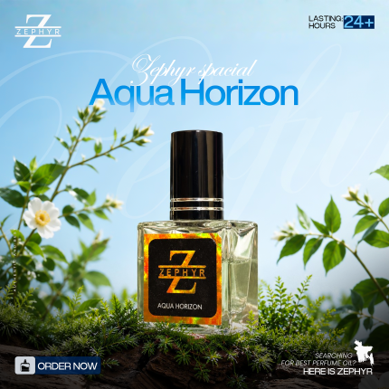 Zephyr Aqua Horizon Eau de Parfum premium clear glass bottle with a dense matte black cap on a glossy reflective studio surface with purple lighting.